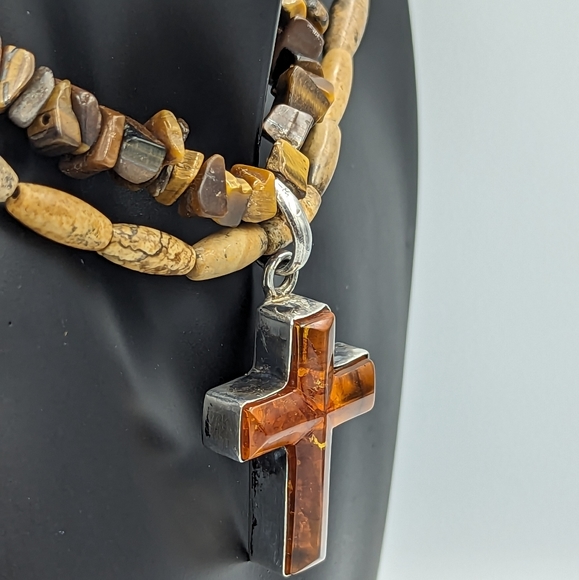 Amber Cross Sterling Silver On Tiger's Eye Chips & Jasper Bead Necklace Vintage - Picture 6 of 15